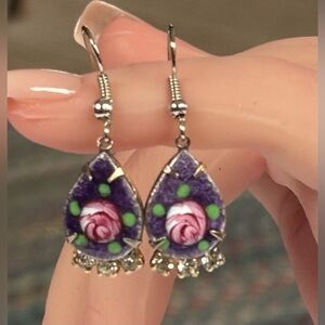 Vintage Cloisonné Rose Estate Sale Dangle
Earrings